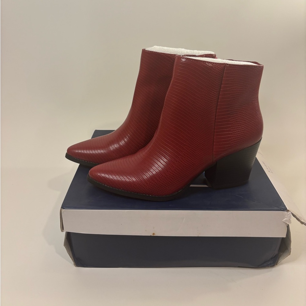 Kaari Blue Embossed Red Ankle Booties